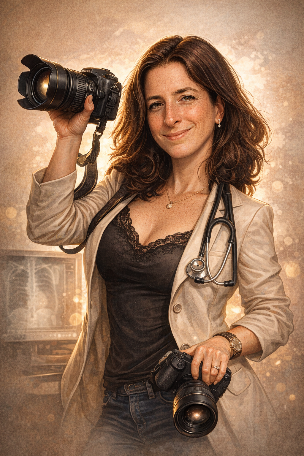 Karikatur einer Fotografin, leicht überzeichnet, witzig, mit Humor, erstellt von KI